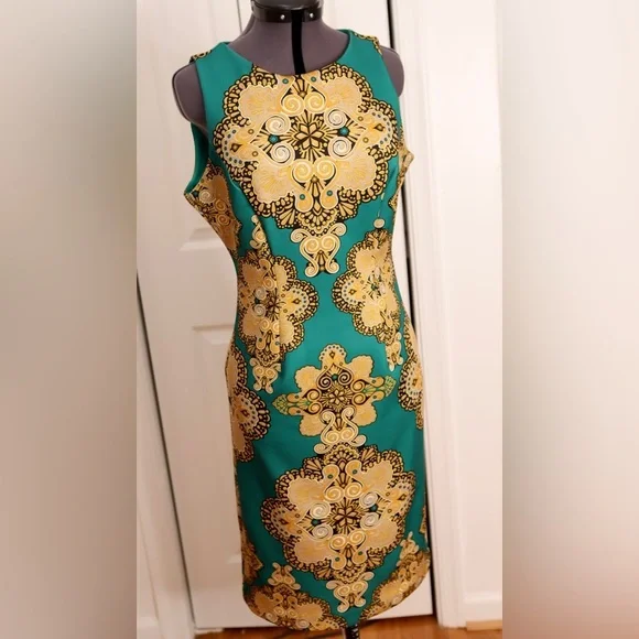 New York & Company Women's Stretch Sheath Dress Gold\Green | Small - Picture 4 of 16